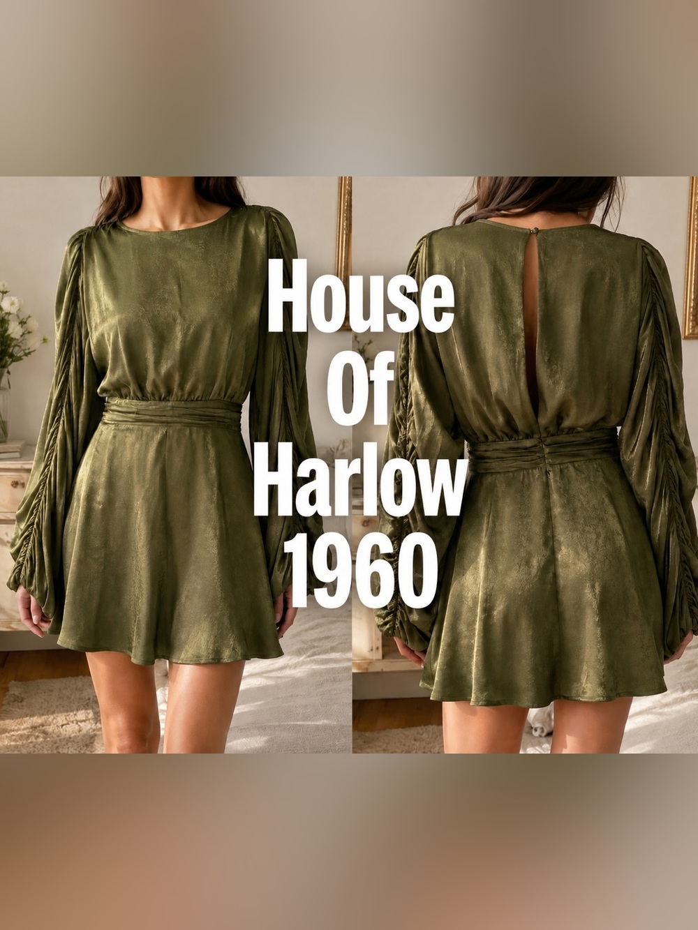 NWT House of Harlow 1960 Olive Green Ruched Sleeve Mini Dress